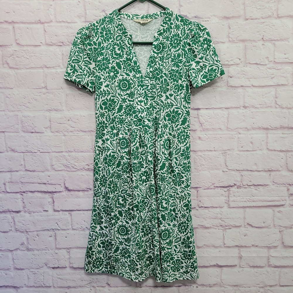 Boden Naomi Green Floral Easy Notch Neck Mini Dress 2R Pockets Indie Cottage